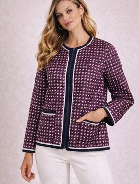 Talbots Reversible Quilted Jacket Womens Large Navy Red Geometric Lightweight